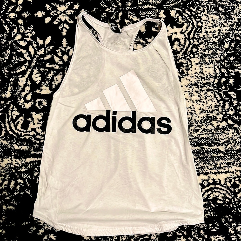 Adidas White Sports Tank w/ Black lettering Size M.